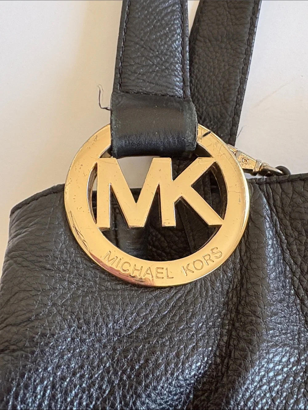 Michael Kors Black Pebbled Leather Tote with Gold MK Logo Charm